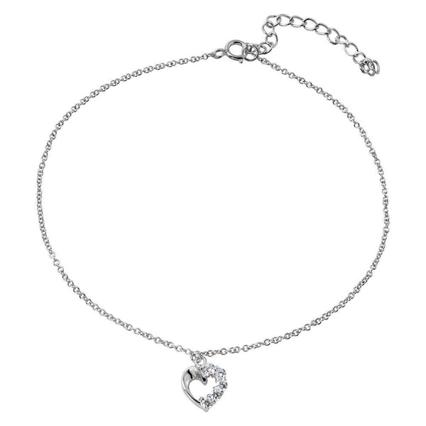 Silver 925 Rhodium Plated Dangling Curved Open Heart with CZ Anklet - BGF00015 | Silver Palace Inc.