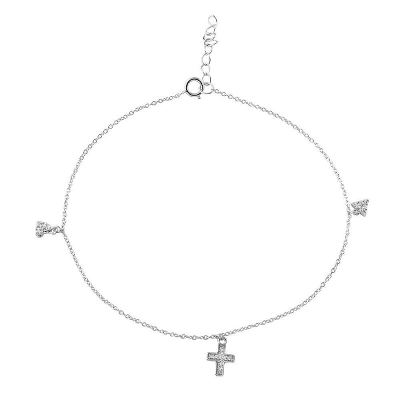 Silver 925 Rhodium Plated Heart Cross and Triangle Drop Anklet - BGF00016 | Silver Palace Inc.