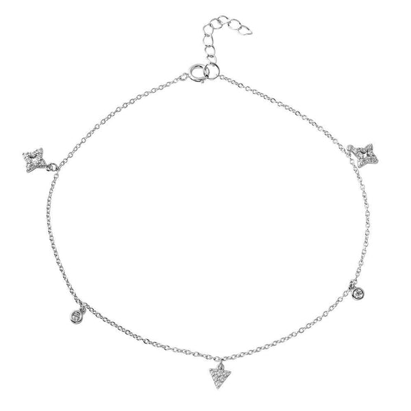 Silver 925 Rhodium Plated Triangle and Rhombus Drop Anklet with CZ - BGF00017 | Silver Palace Inc.