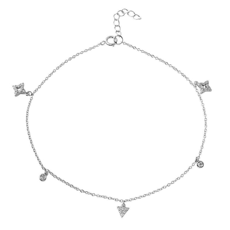 Silver 925 Rhodium Plated Triangle and Rhombus Drop Anklet with CZ - BGF00017 | Silver Palace Inc.