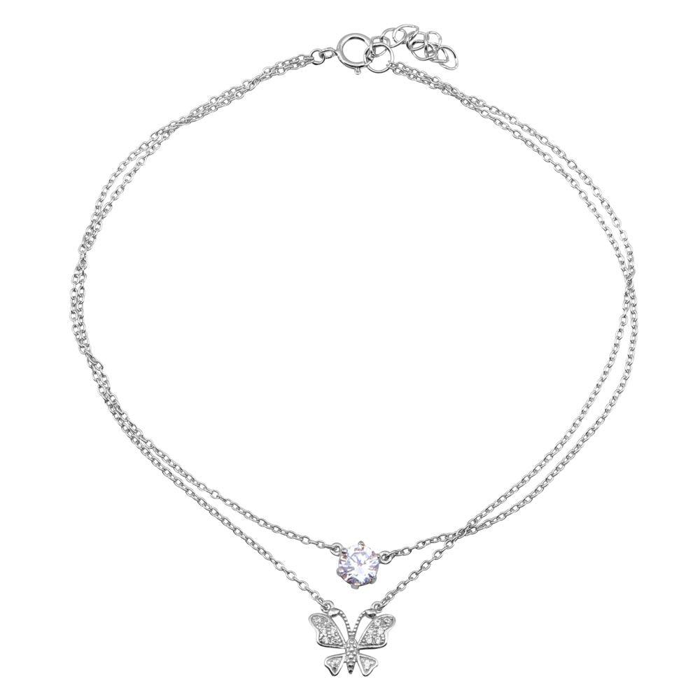 Silver 925 Rhodium Plated Anklet with Butterfly and CZ - BGF00020 | Silver Palace Inc.