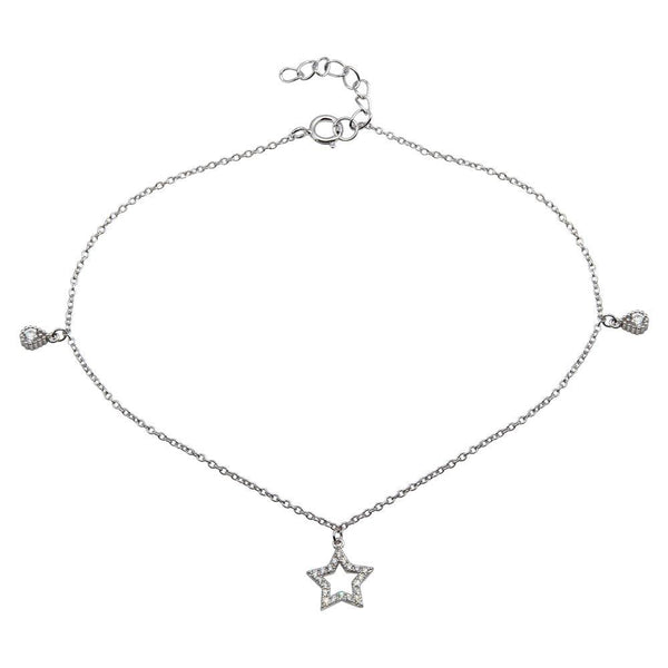 Silver 925 Rhodium Plated Star and Teardrop Charm Anklet with CZ - BGF00026 | Silver Palace Inc.