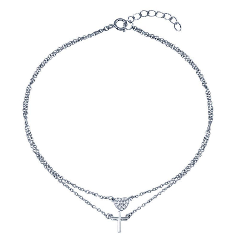 Rhodium Plated 925 Sterling Silver Double Row CZ Heart Cross Anklet - BGF00036 | Silver Palace Inc.