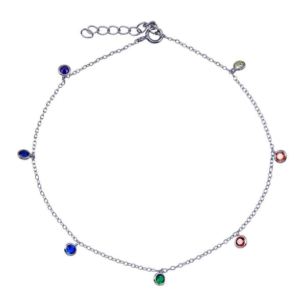 Rhodium Plated 925 Sterling Silver Multi Color CZ Dangling Anklet - BGF00038 | Silver Palace Inc.