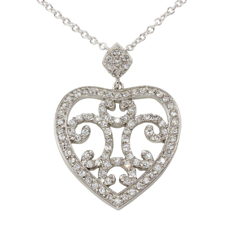 Closeout-Silver 925 Rhodium Plated Heart Pendant Necklace with CZ - BGP00080 | Silver Palace Inc.