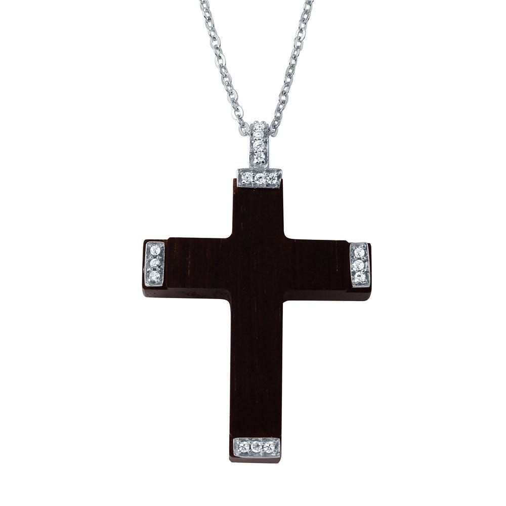 Closeout-Silver 925 Rhodium Plated CZ Black Wood Pendant Necklace - BGP00102 | Silver Palace Inc.