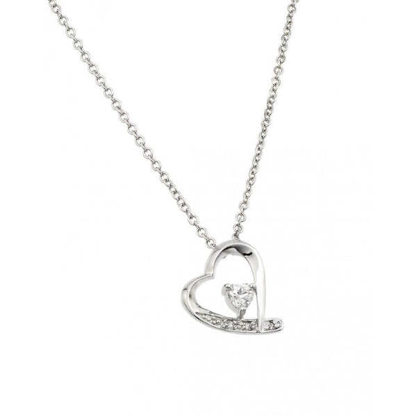 Silver 925 Clear CZ Rhodium Plated Heart Pendant Necklace - BGP00133 | Silver Palace Inc.