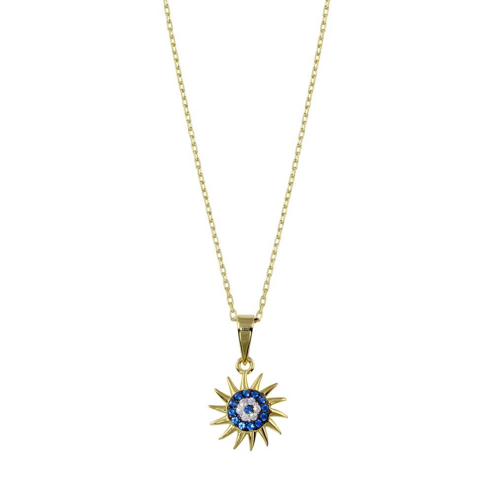 Silver 925 Gold Plated Clear Blue CZ Sun Evil Eye Necklace - BGP01401 | Silver Palace Inc.