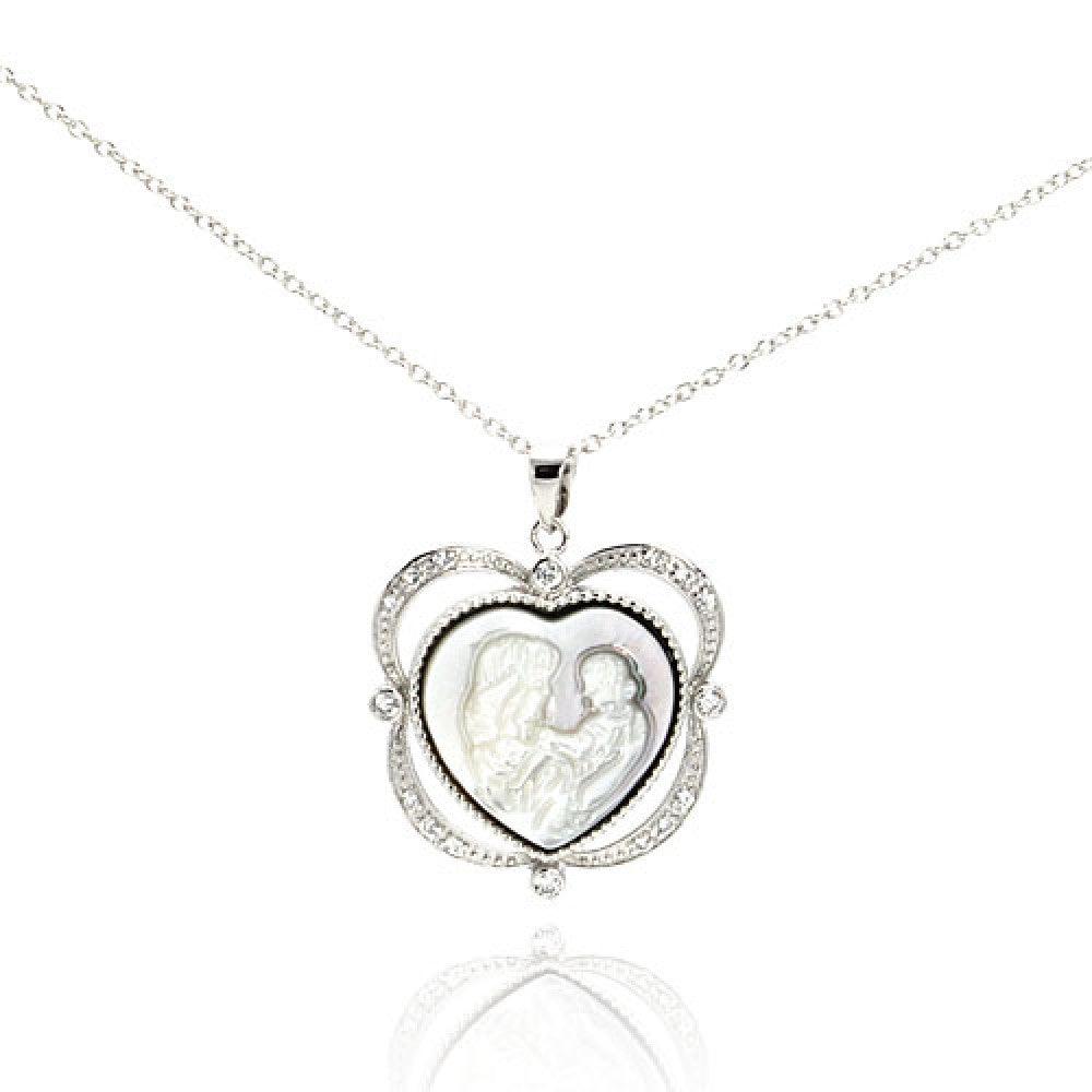 Closeout-Silver 925 Rhodium Plated Mother Of Pearl Family Image Pendant - BGP00219 | Silver Palace Inc.