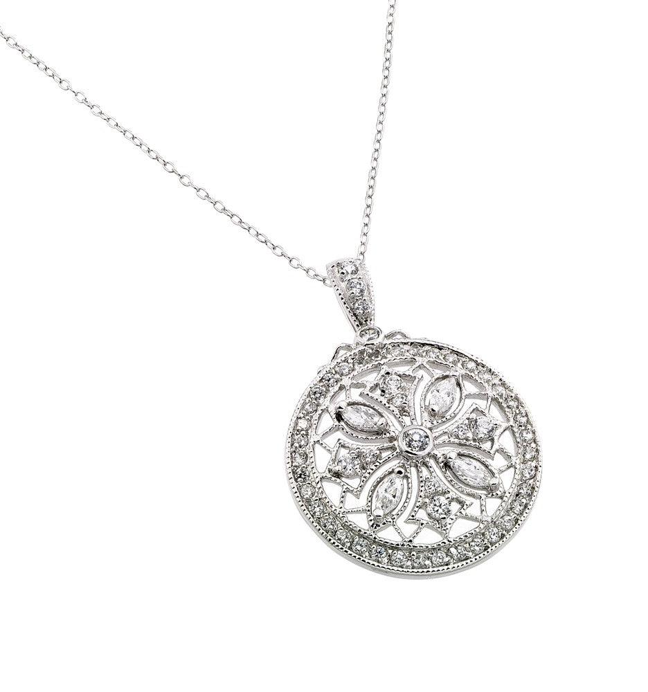 Silver 925 Rhodium Plated Disc Designed Filigree CZ Necklace - BGP00441RH | Silver Palace Inc.