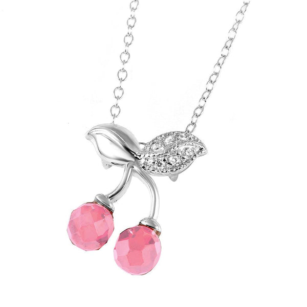 Silver 925 Rhodium Plated Pink CZ Cherries Necklace - BGP00443PNK | Silver Palace Inc.
