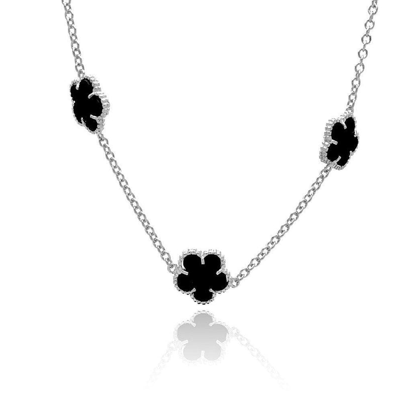 Silver 925 Rhodium Plated Flower Black Onyx Necklace - BGP00454 | Silver Palace Inc.
