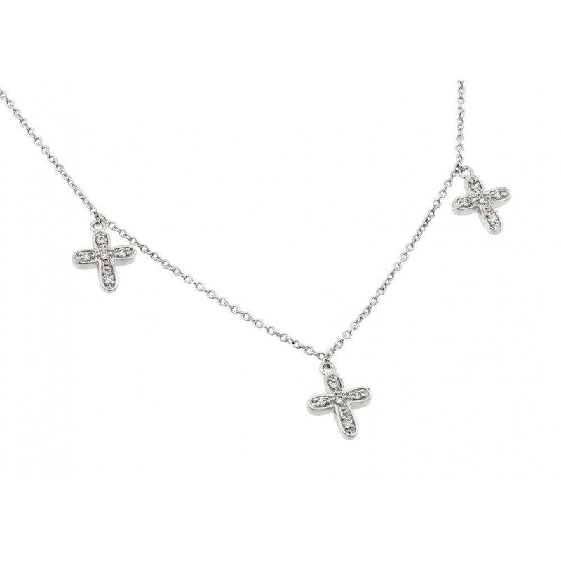 Silver 925 Rhodium Plated Three Small Cross CZ Necklace - BGP00495 | Silver Palace Inc.