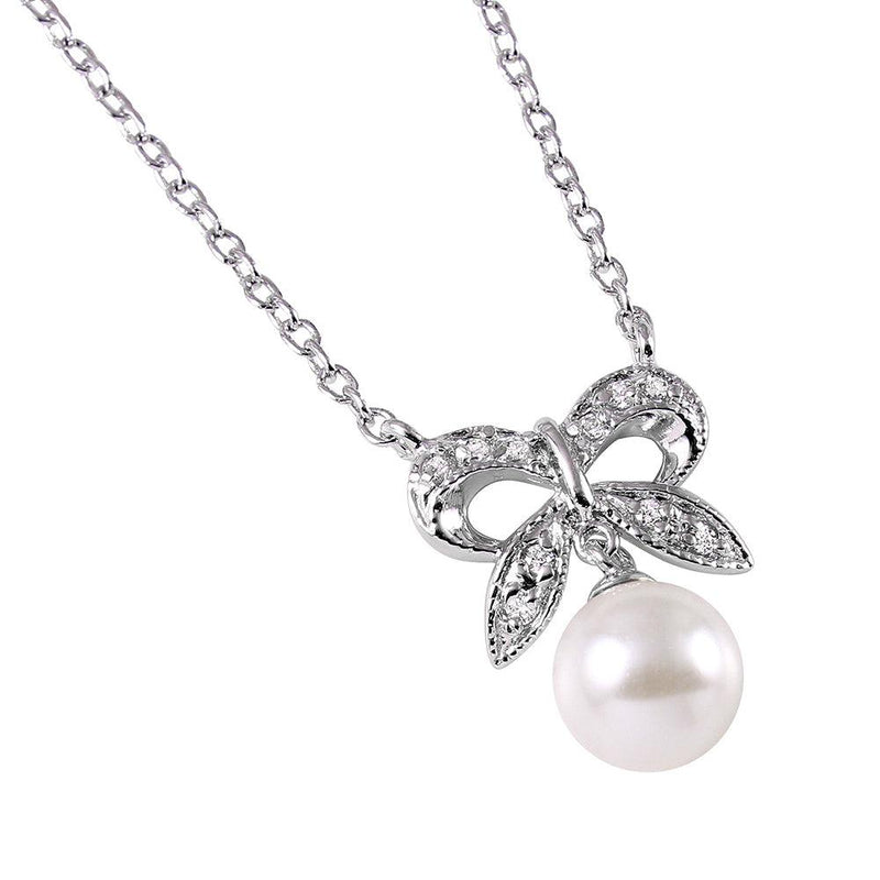 Silver 925 Rhodium Plated CZ Encrusted Bow with Hanging Synthetic Pearl - BGP00499 | Silver Palace Inc.