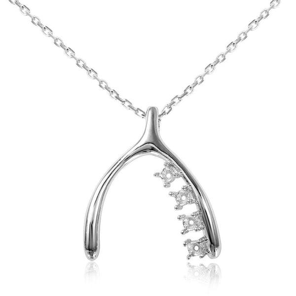 Silver 925 Rhodium Plated Personalized Wish Bone with 4 Stone Mounting Necklace - BGP00540 | Silver Palace Inc.