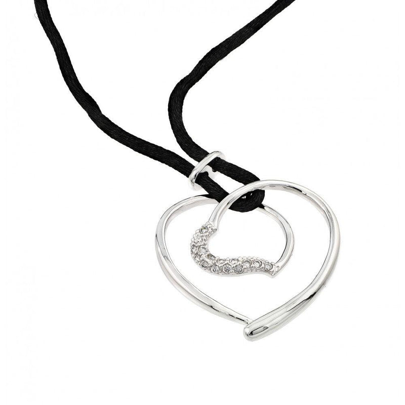 Closeout-Silver 925 Rhodium Plated Open Heart CZ Black Rope Necklace - BGP00595 | Silver Palace Inc.