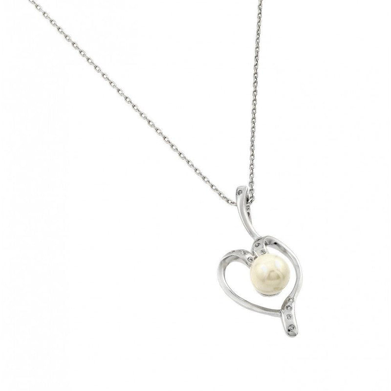 Silver 925 Rhodium Plated Open Heart CZ Center Pearl Necklace - BGP00611 | Silver Palace Inc.