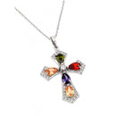 Silver 925 Rhodium Plated Multiple Color Teardrop Cross CZ Necklace - BGP00658 | Silver Palace Inc.