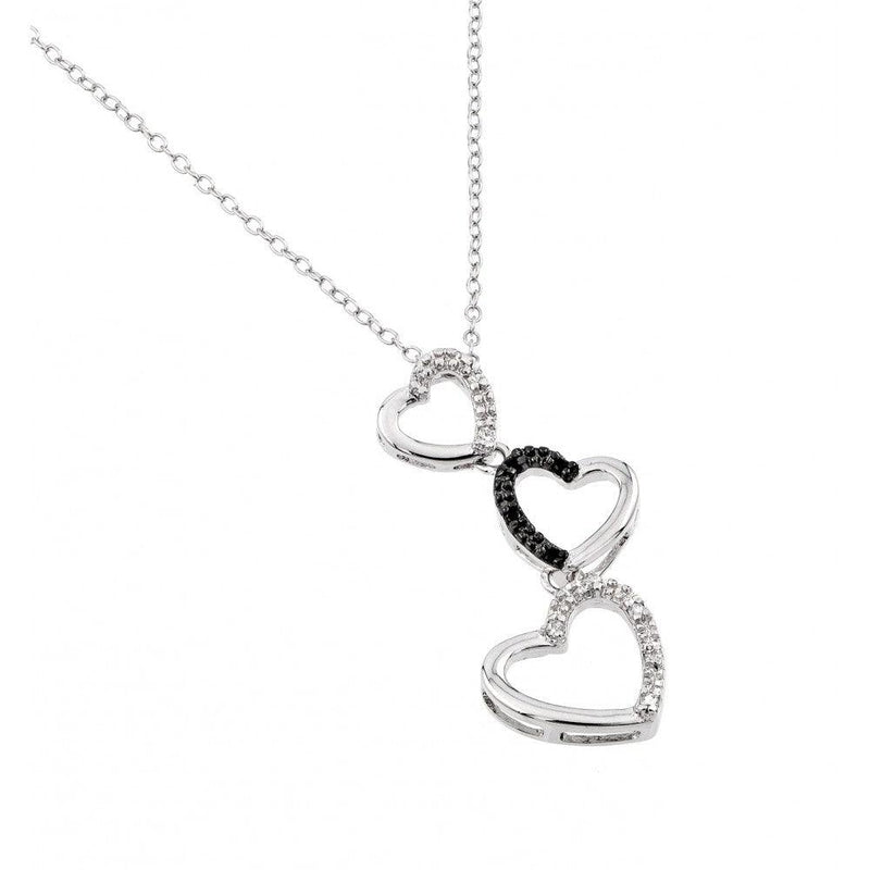 Silver 925 Rhodium Plated Three Graduated Open Heart Clear and Black CZ Necklace - BGP00679 | Silver Palace Inc.
