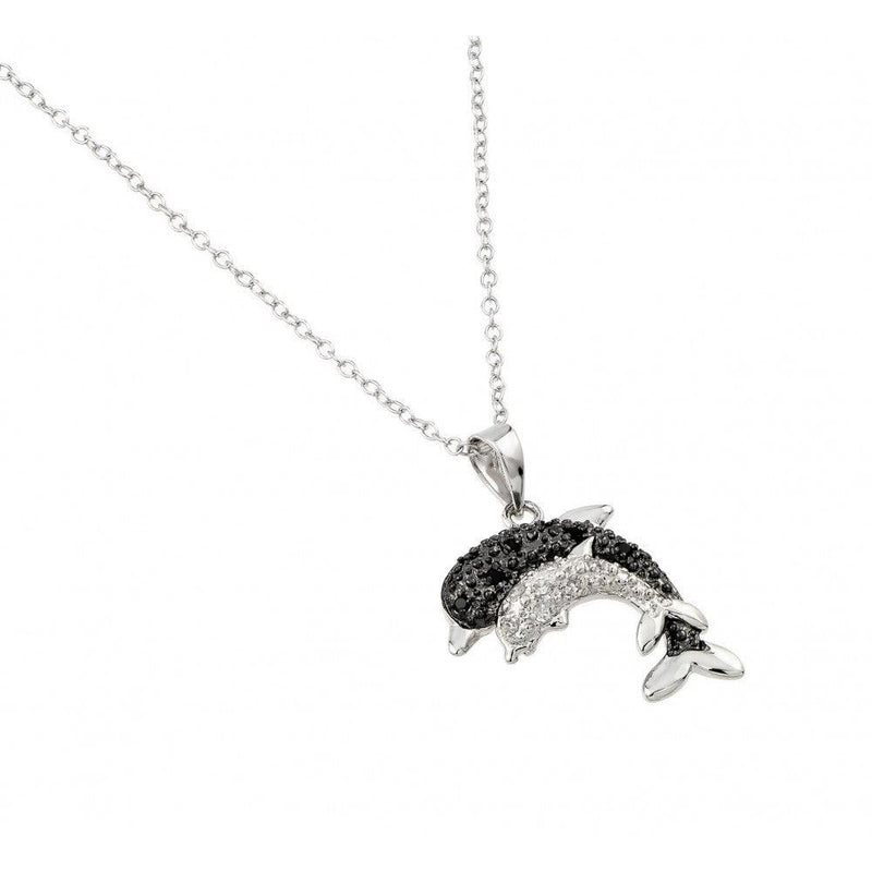 Silver 925 Rhodium Plated Black and Clear Dolphin Necklace - BGP00680 | Silver Palace Inc.