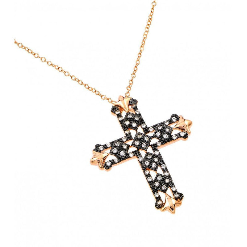 Silver 925 Rose Gold and Black Plated Clear Cross CZ Necklace - BGP00687RGP | Silver Palace Inc.