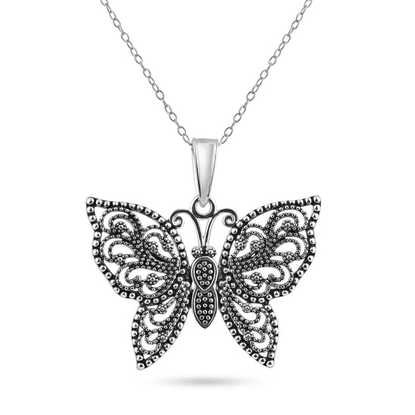 Silver 925 Oxidized Beaded Butterfly Pendant Necklace - BGP00697 | Silver Palace Inc.