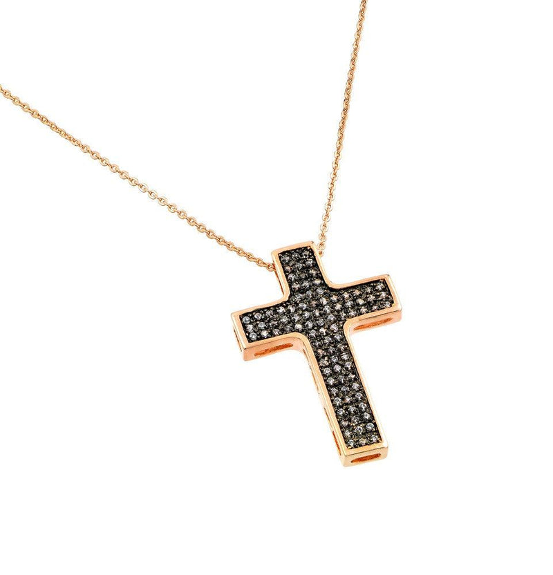 Closeout-Silver 925 Rose Gold Plated Black and Clear Cross CZ Necklace - BGP00704 | Silver Palace Inc.