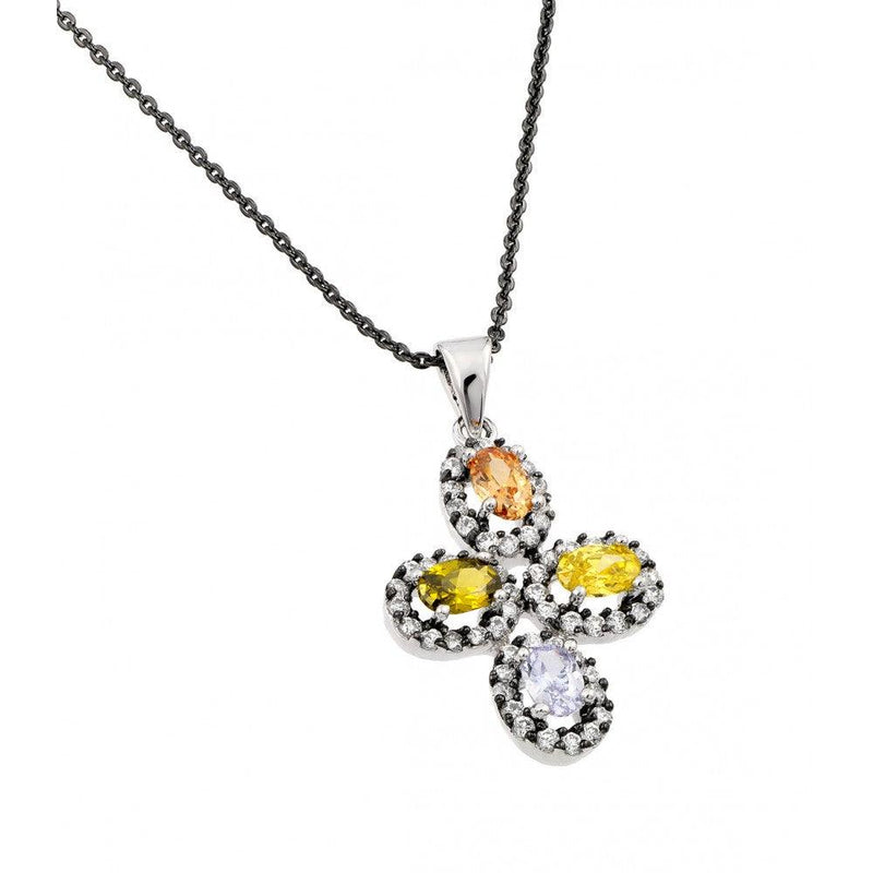 Closeout-Silver 925 Rhodium Plated Multicolor Flower Black and Clear CZ Necklace - BGP00706 | Silver Palace Inc.