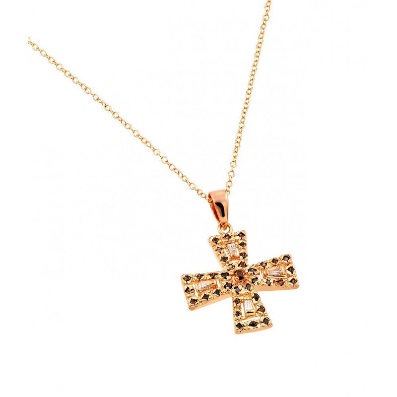 Closeout-Silver 925 Rose Gold Plated Cross Black and Red and Clear CZ Necklace - BGP00711 | Silver Palace Inc.