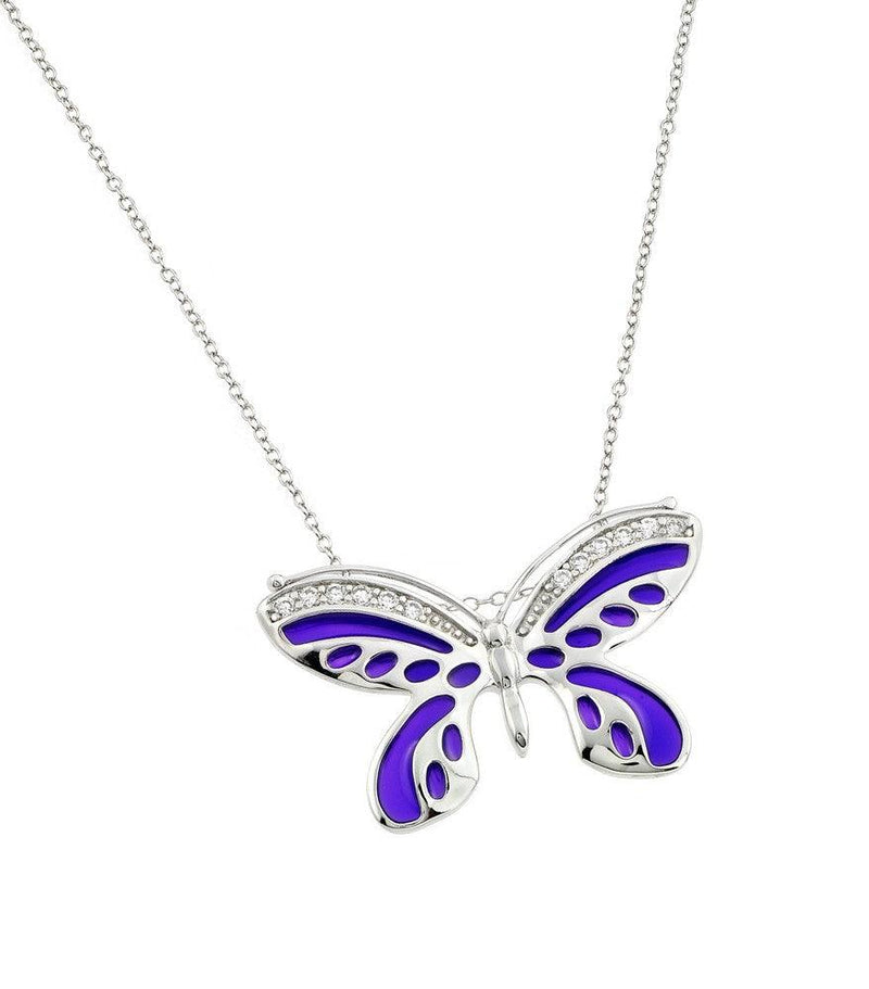 Silver 925 Rhodium Plated Purple Enamel Butterfly Clear CZ Inlay Necklace - BGP00811 | Silver Palace Inc.