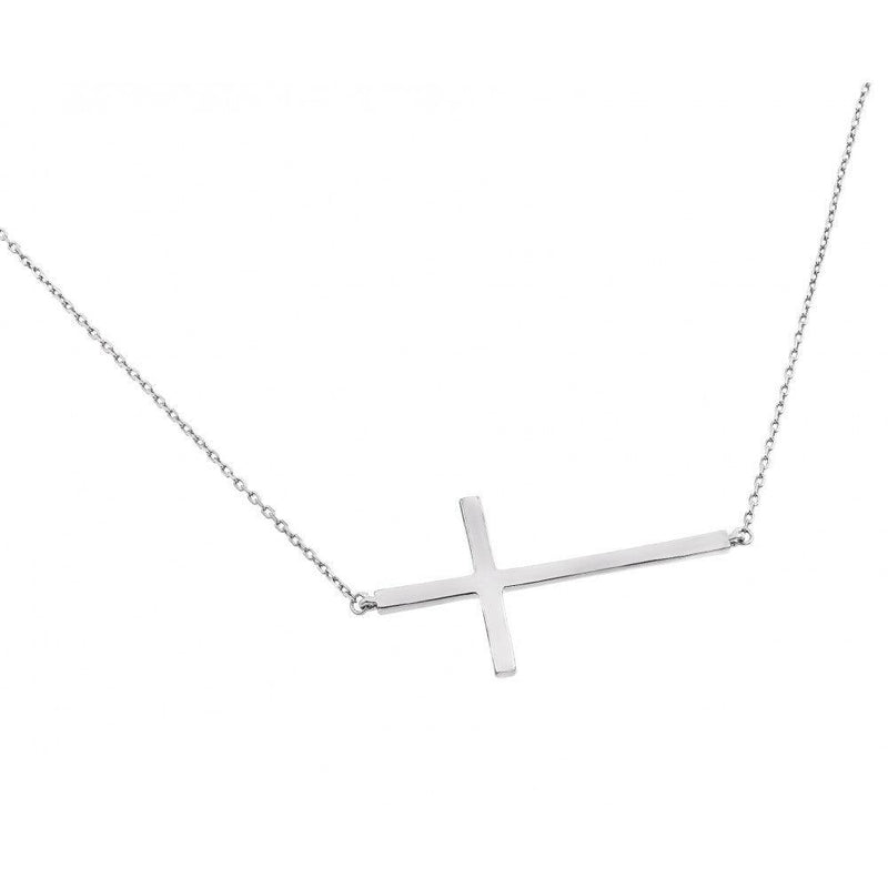 Silver 925 Rhodium Plated Plain Sideways Solid Cross Pendant Necklace - BGP00820 | Silver Palace Inc.