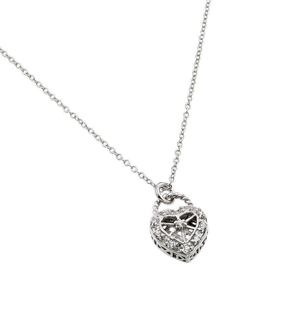 Silver 925 Rhodium Plated Clear CZ Center Open Heart Pendant Necklace - BGP00822 | Silver Palace Inc.