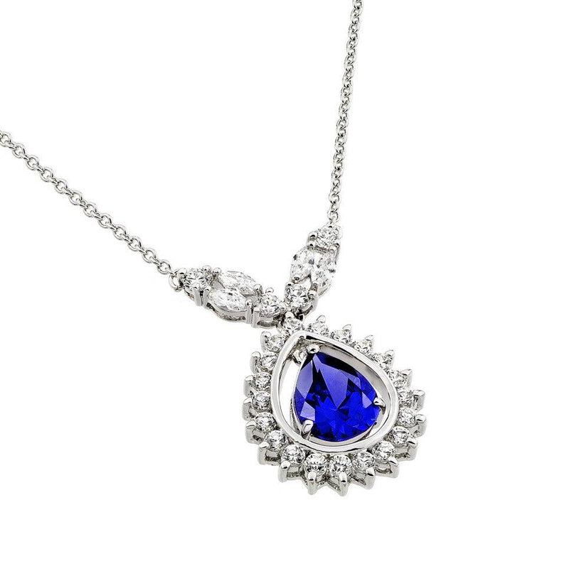 Silver 925 Rhodium Plated Blue CZ Drop Shape Pendant Necklace - BGP00830B | Silver Palace Inc.
