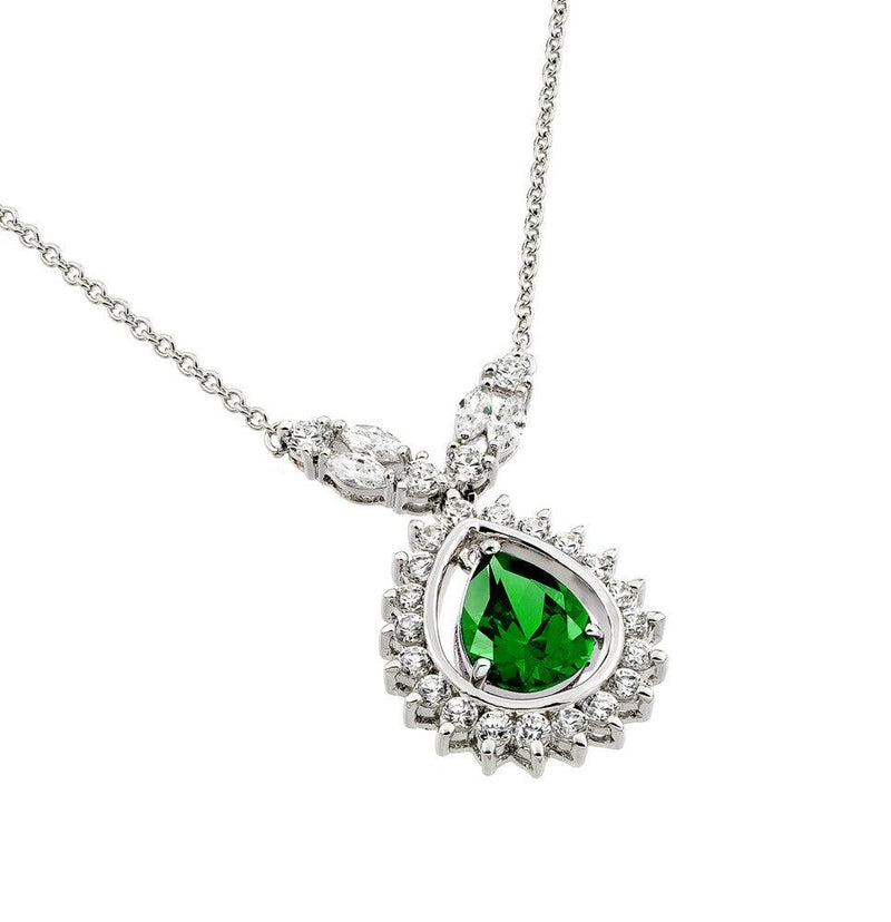 Silver 925 Rhodium Plated Green CZ Drop Shape Pendant Necklace - BGP00830G | Silver Palace Inc.