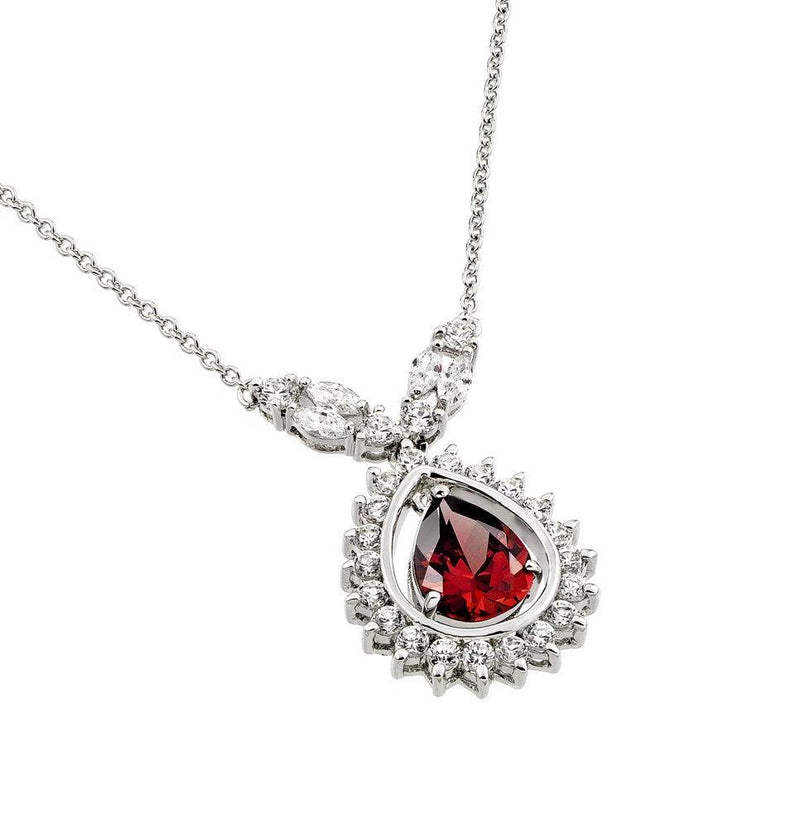 Silver 925 Rhodium Plated Red CZ Drop Shape Pendant Necklace - BGP00830R | Silver Palace Inc.