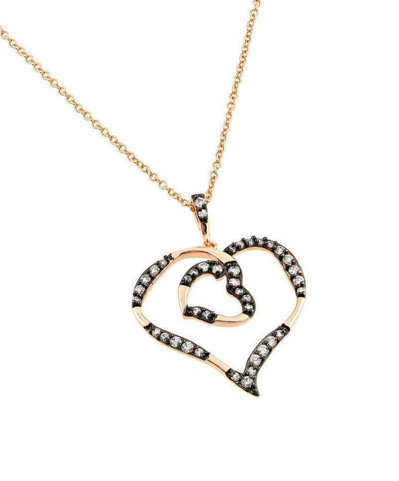Silver 925 Rhodium and Black Rhodium Plated Clear CZ Open Heart with Inner Open Heart Pendant Necklace - BGP00832RGP | Silver Palace Inc.
