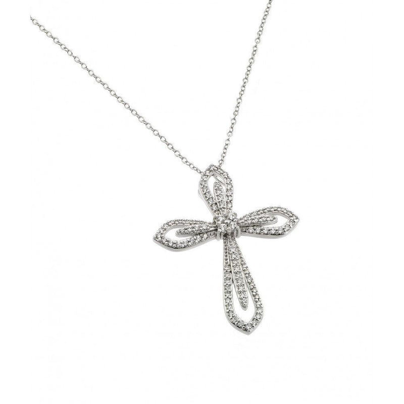 Silver 925 Rhodium Plated Clear CZ at Center Open Cross Pendant Necklace - BGP00836 | Silver Palace Inc.
