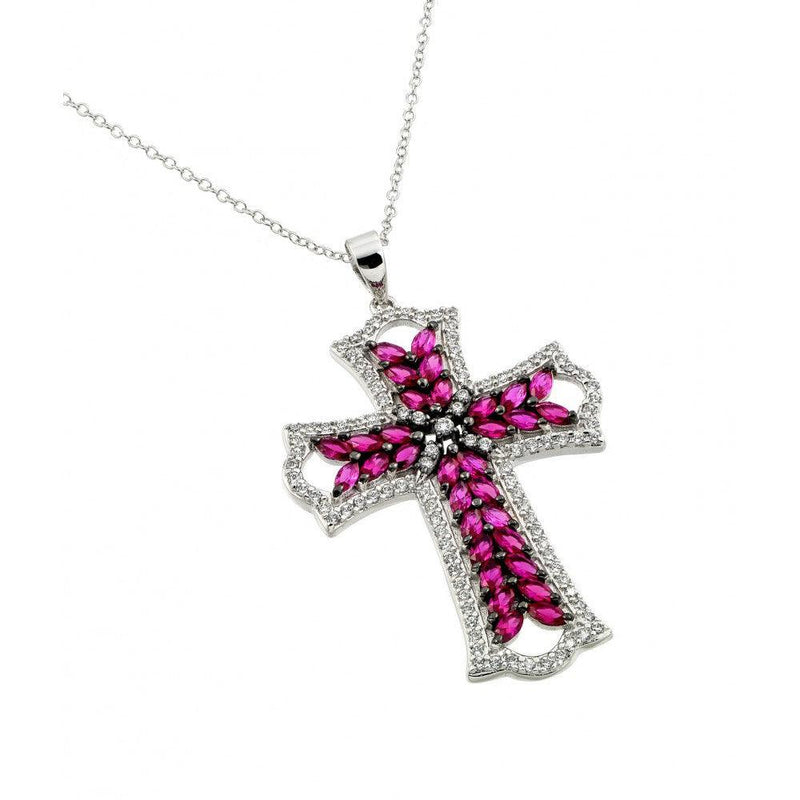 Silver 925 Rhodium Plated Clear and Pink Red CZ Stone Cross in Black Pendant Necklace - BGP00843R | Silver Palace Inc.