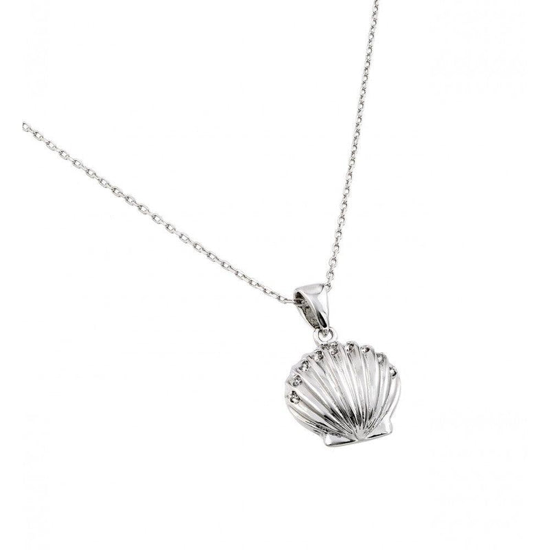 Silver 925 Rhodium Plated Clear CZ Stone Clam Shell Pendant Necklace - BGP00848 | Silver Palace Inc.