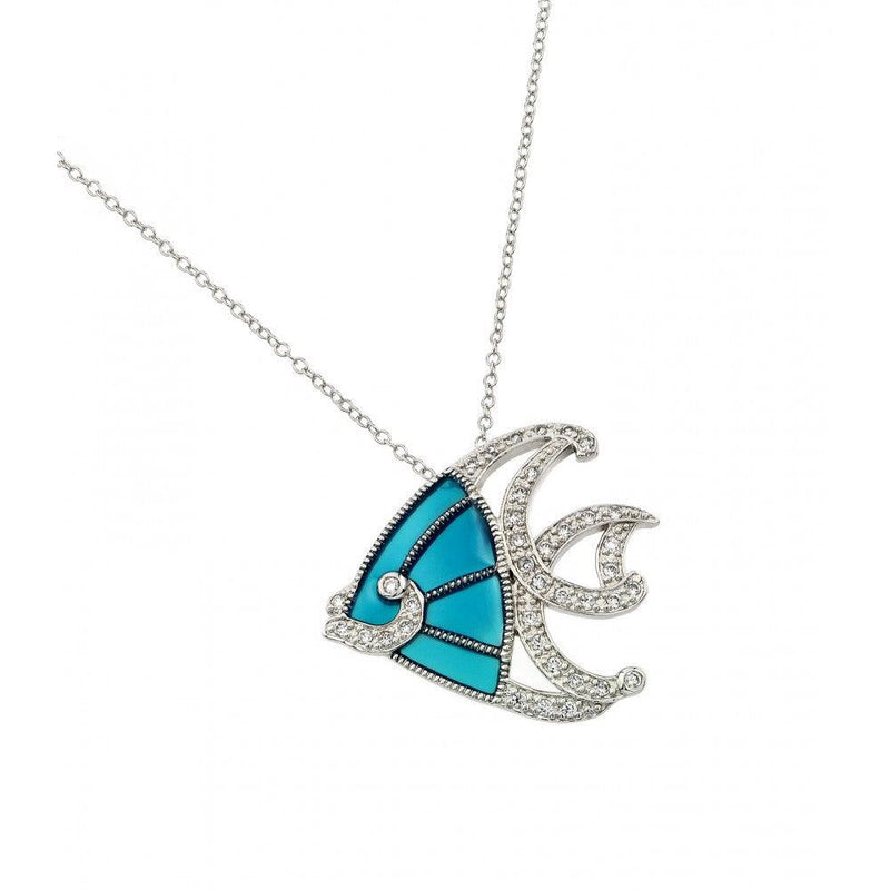 Silver 925 Rhodium and Black Rhodium Plated Clear CZ Stone Blue Fish Pendant Necklace - BGP00856 | Silver Palace Inc.