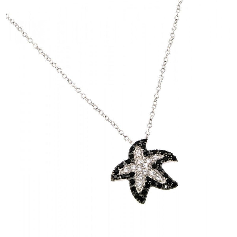 Silver 925 Rhodium Plated Clear and Black CZ Stone Starfish Pendant Necklace - BGP00862 | Silver Palace Inc.