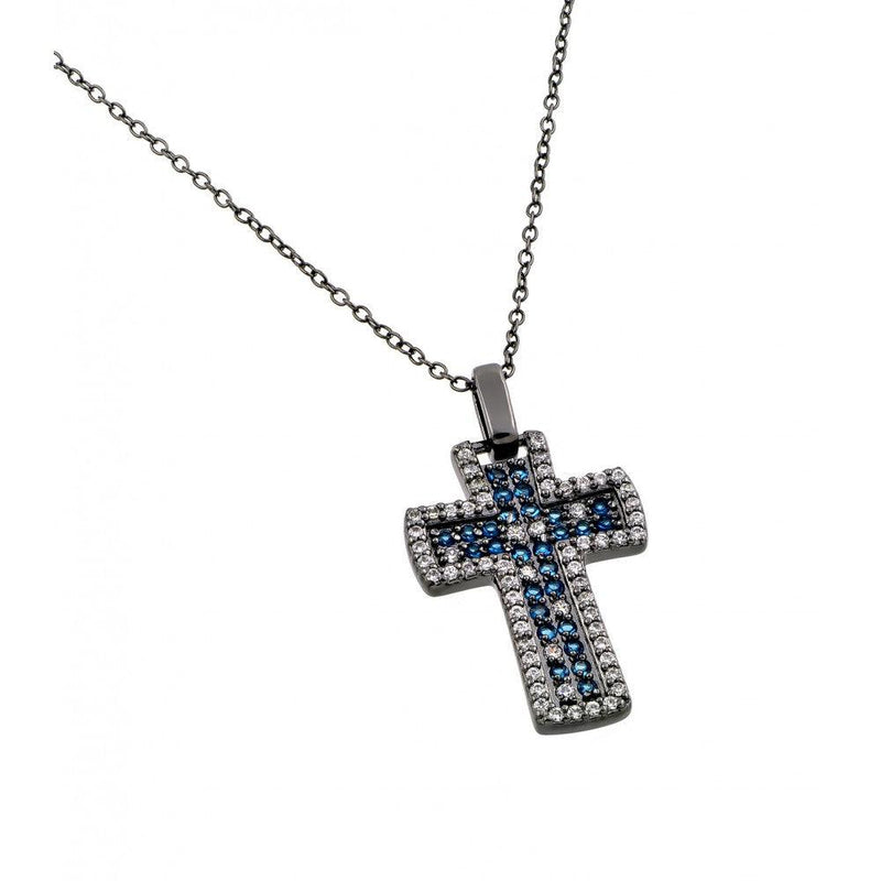 Silver 925 Rhodium Plated Clear and Blue CZ Oxidized Cross Pendant Necklace - BGP00872 | Silver Palace Inc.