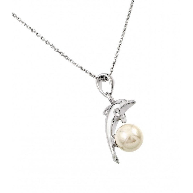 Silver 925 Rhodium Plated Dolphin Leaping Over Pearl Pendant Necklace - BGP00874 | Silver Palace Inc.