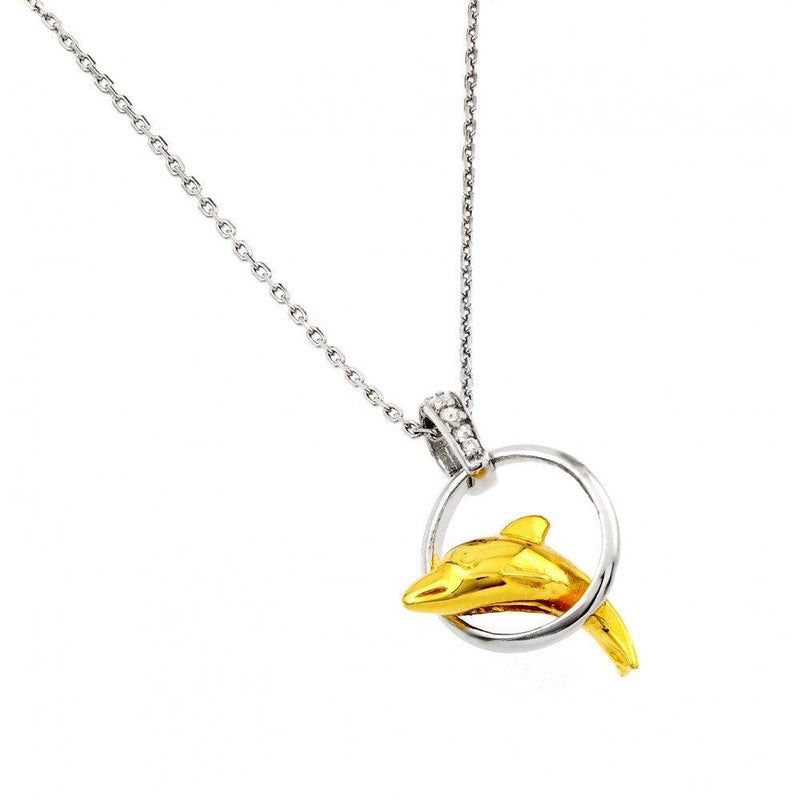 Silver 925 Rhodium and Gold Plated Dolphin Leaping Over Hoop Pendant Necklace - BGP00875 | Silver Palace Inc.