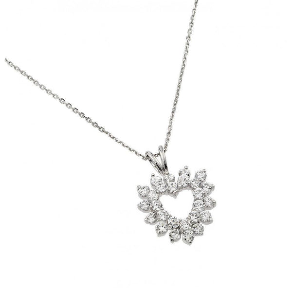 Silver 925 Rhodium Plated Clear CZ Outline Open Heart Pendant Necklace - BGP00876 | Silver Palace Inc.