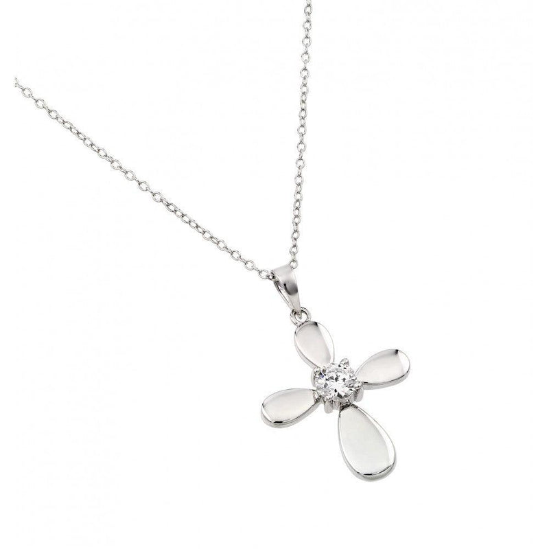 Silver 925 Rhodium Plated Solid Cross Clear CZ Center Pendant Necklace - BGP00878 | Silver Palace Inc.