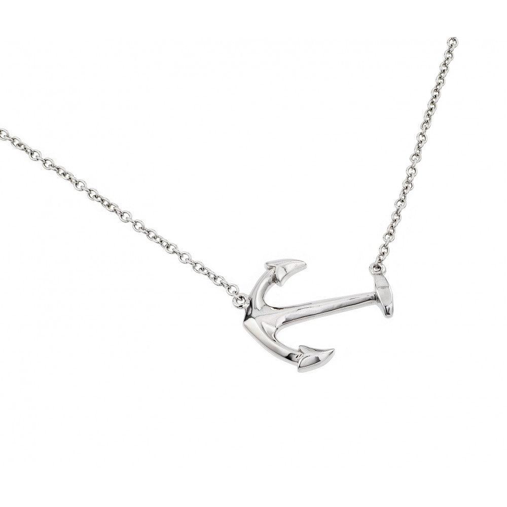 Collar con colgante de ancla lateral sólida chapada en rodio de plata 925 - BGP00880