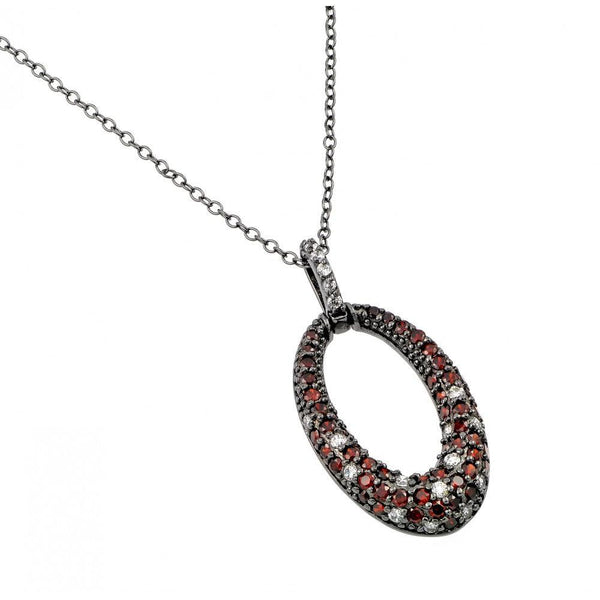 Silver 925 Rhodium Plated Clear and Red CZ Stone Oval Hoop Pendant Necklace - BGP00889GAR | Silver Palace Inc.