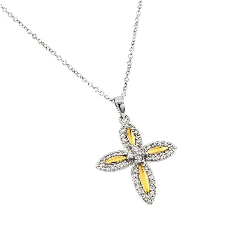 Silver 925 Rhodium Plated Clear and Yellow CZ 4 Petal Flower Pendant Necklace - BGP00890 | Silver Palace Inc.