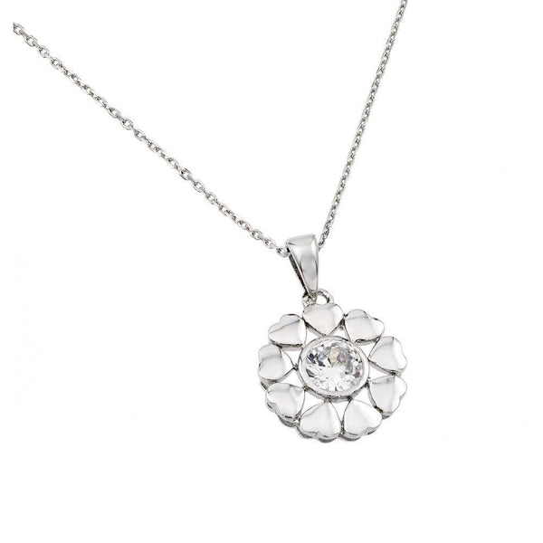Silver 925 Rhodium Plated Heart Circle Chain with Clear CZ Stone Center Pendant Necklace - BGP00892 | Silver Palace Inc.